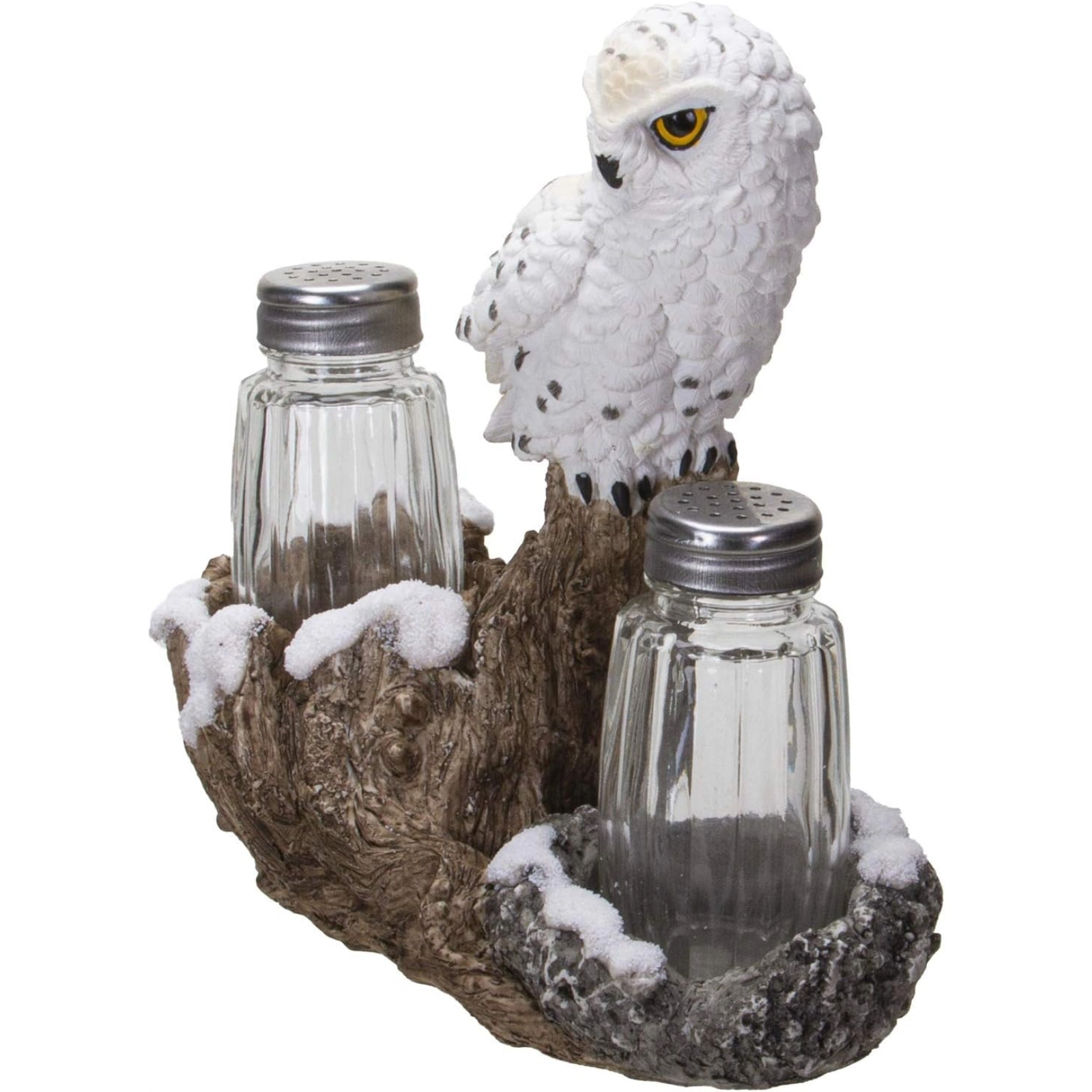 Pacific Giftware Snow White Owlet Owl On Snowy Branch Glass Salt Pepper Shakers with Holder