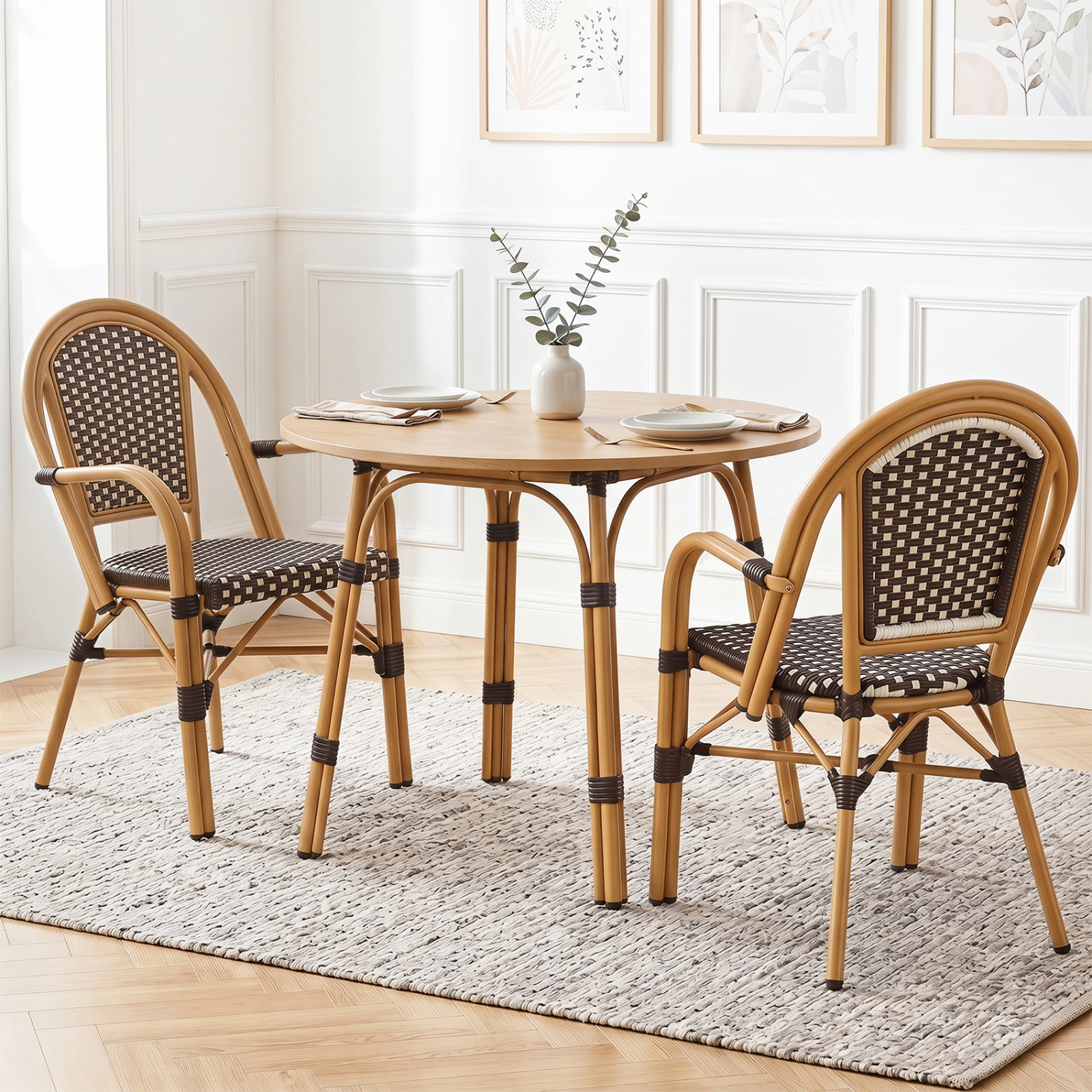 SUGIFT Set of 2 Brown Hand-Woven PE Rattan French Bistro Armchairs