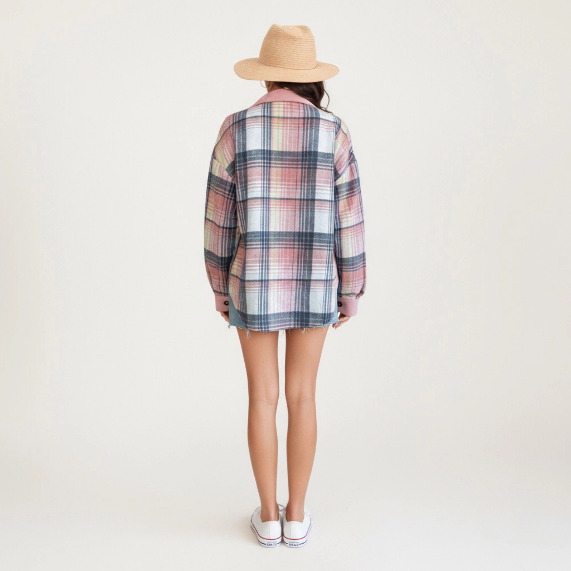 Anna-Kaci Women's Plaid Button Front Shirt Jacket with Soft Corduroy Contrast Long Sleeves Chest Pocket Detail