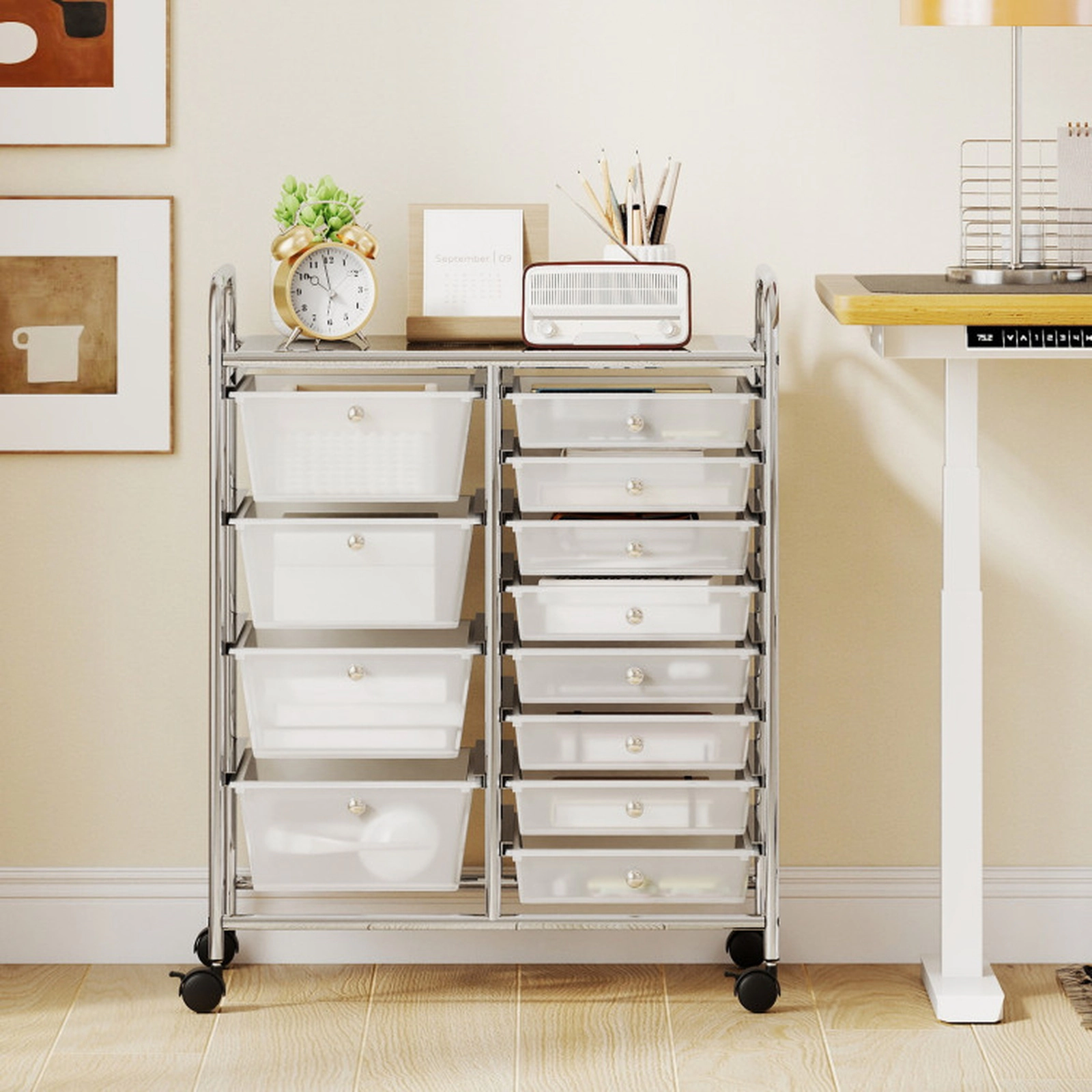 SUGIFT 12-Drawer Utility Rolling Cart 8 Small 4 Large Removable Drawers 22-lb Tabletop Capacity Transparent