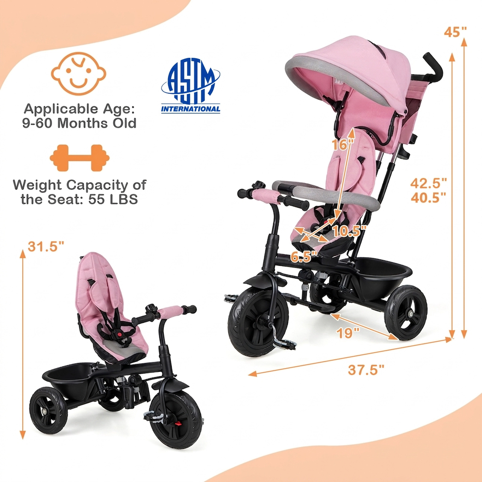 SUGIFT Pink 55-lb Capacity 4-in-1 Baby Trike Toddler Tricycle with Removable Canopy and Push Handle