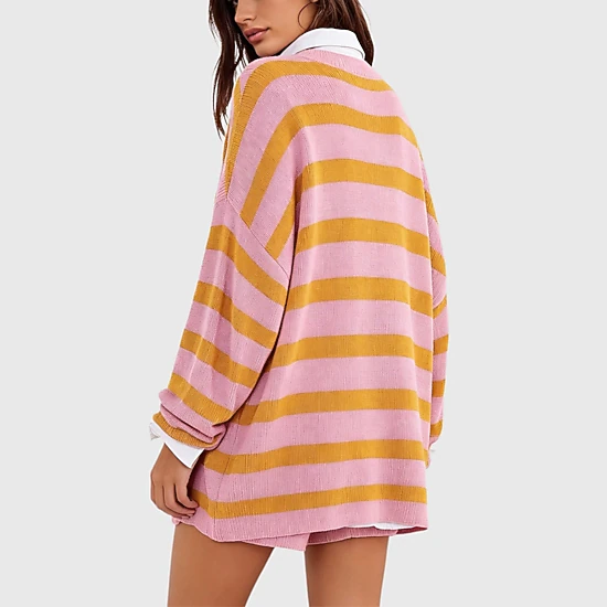 YesFashion Womens Oversized Striped Sweater Sets Matching Long Sleeve Top and Shorts Pajamas Sets