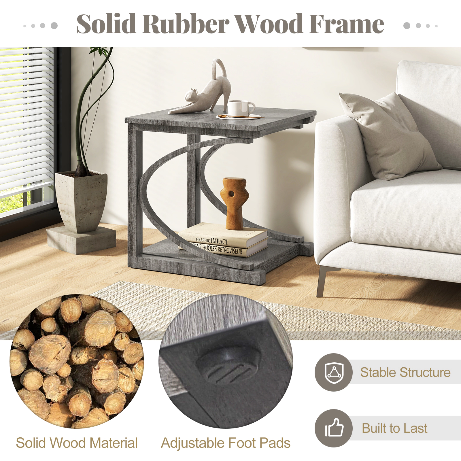 Slickblue Sofa End Table with Storage Shelf, C Shaped Accent Table for Living Room Bedroom Gray