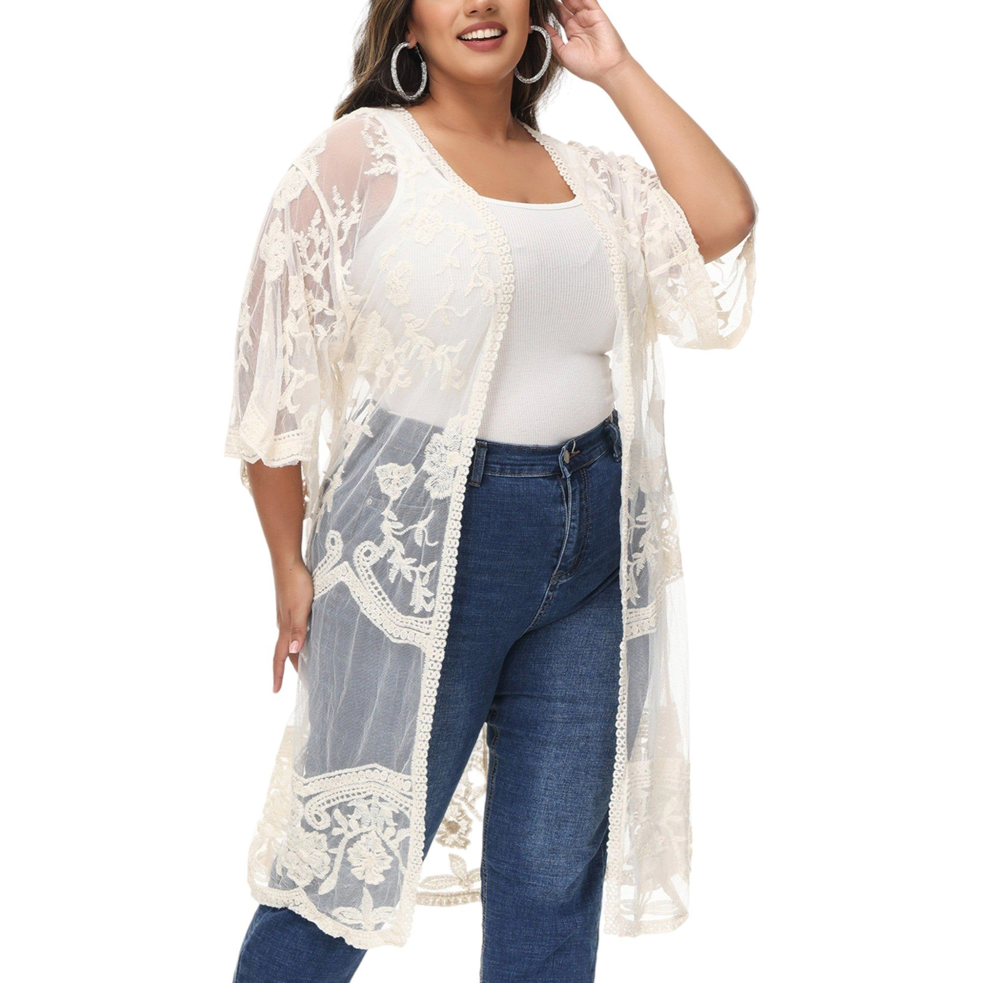 Anna-Kaci Women's Plus Lace Cardigan Short Sleeve Open Front Floral Crochet Long Duster