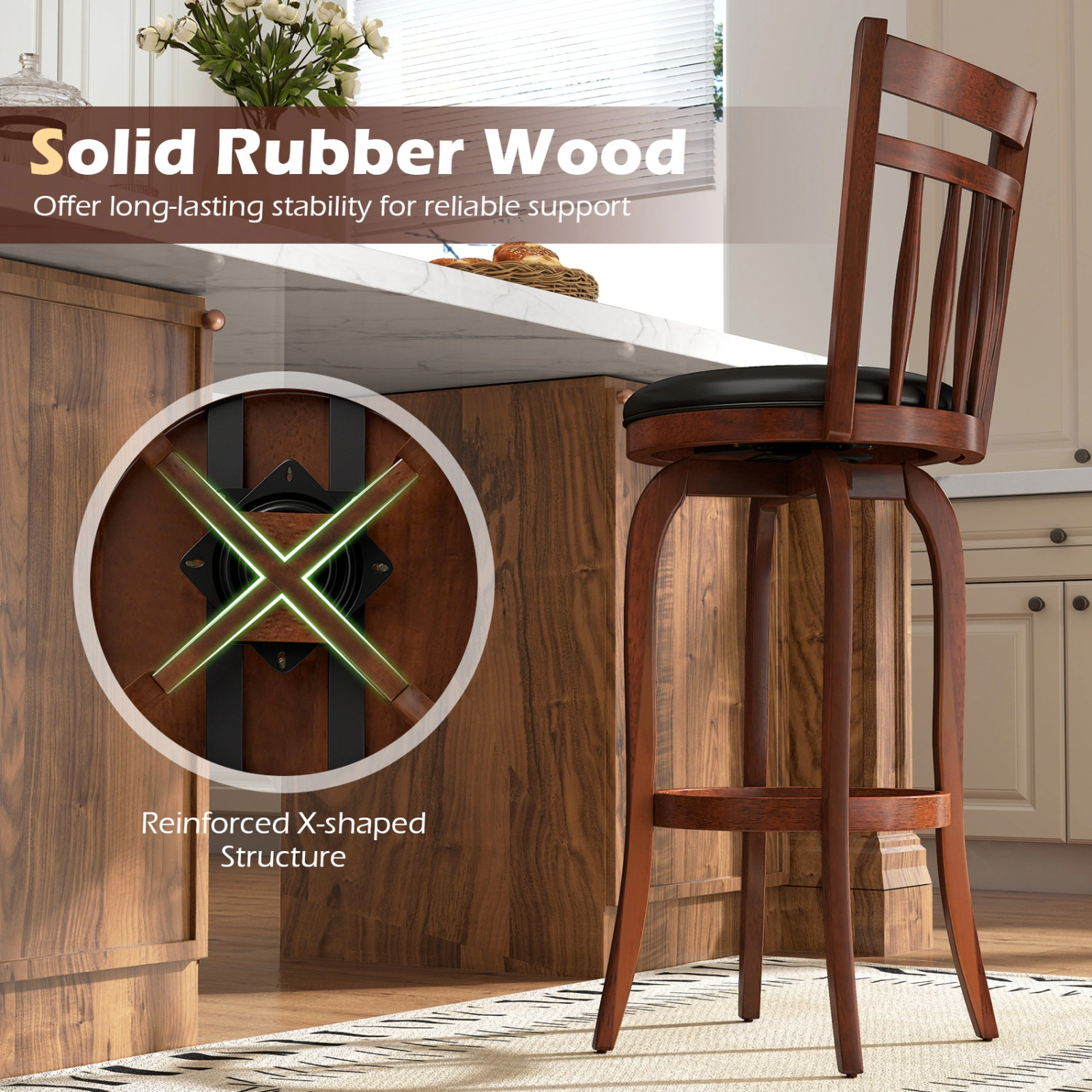 SUGIFT 360° Swivel Counter Height Faux Leather Bar Stool Set of 2 330-lb Capacity 24-in Seat Height Expresso and Black