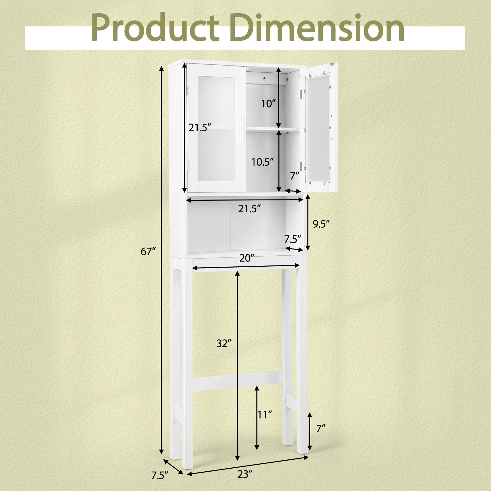 SUGIFT Over the Toilet Storage Cabinet White 67 in with Frosted Glass Doors and Adjustable Shelf