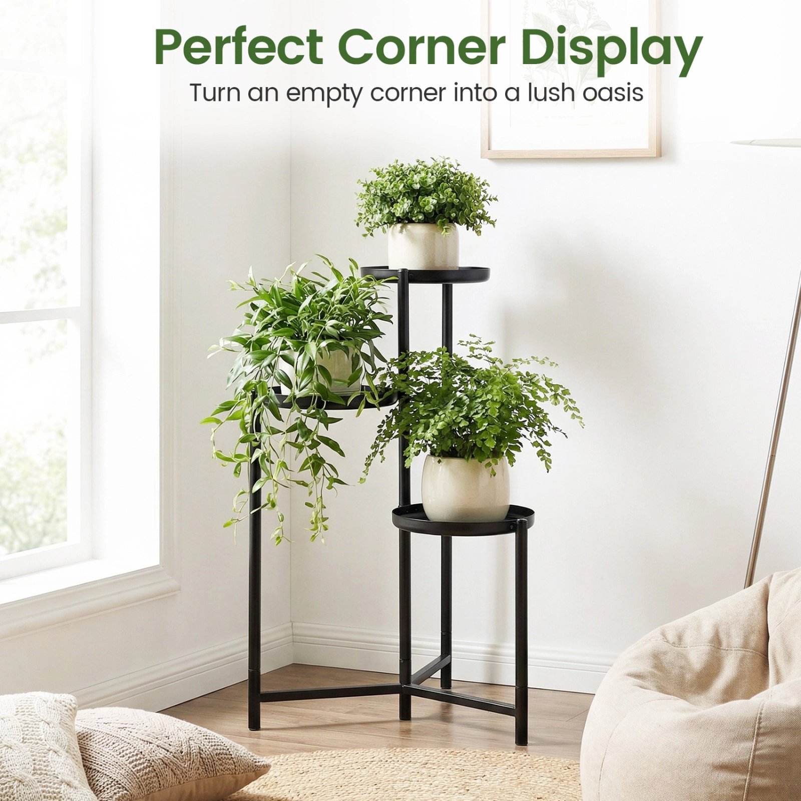 SUGIFT 3-Tier Corner Plant Stand Flower Pot Holder 5.5-lb Capacity Per Tray Indoor Outdoor Black