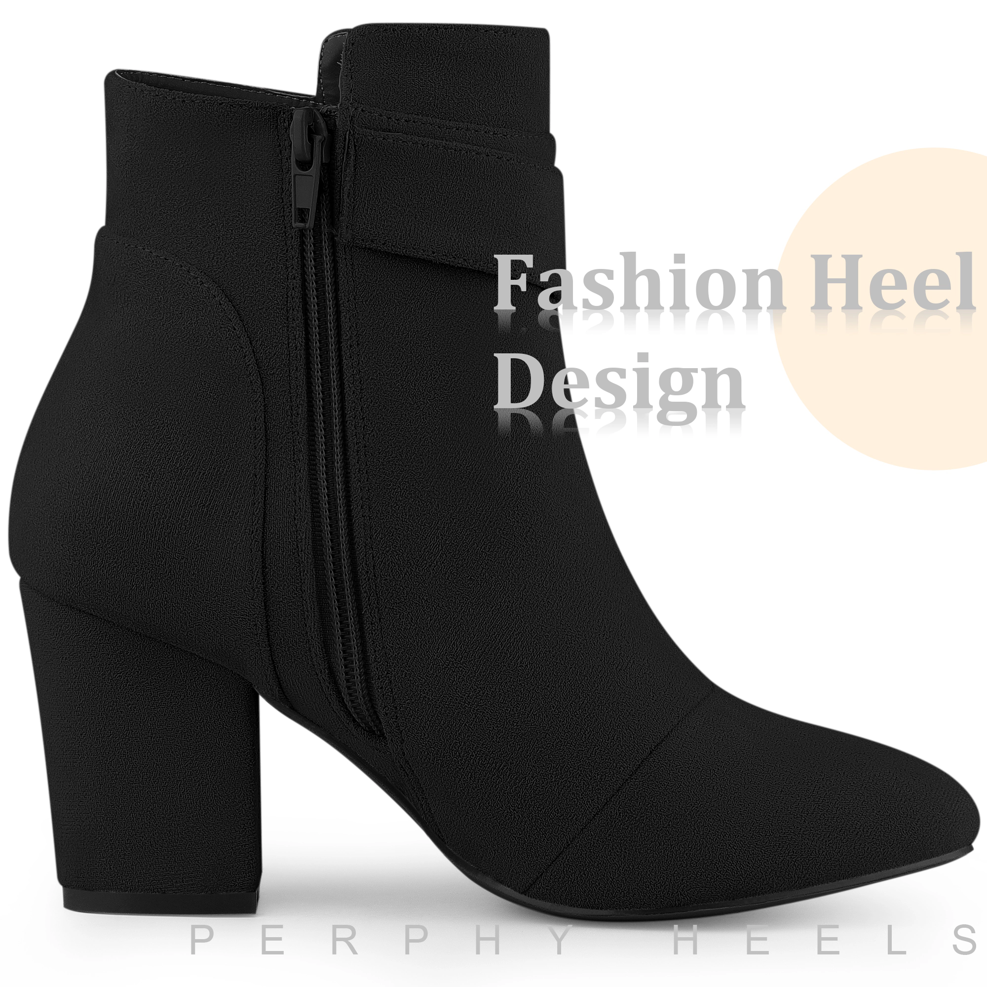 BLISSFUL STEP Women Faux Suede Chunky Heel Round Toe Side Zip Buckle Ankle Boots