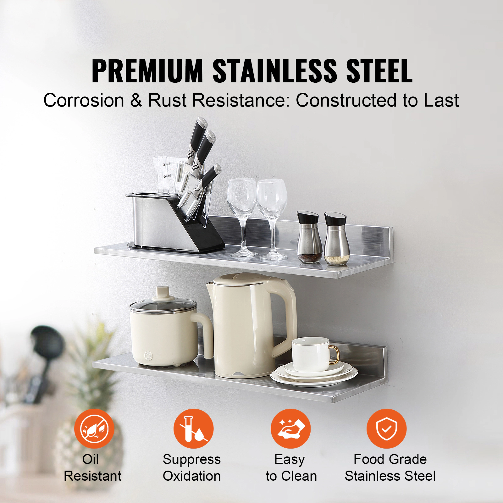 HONGGE Stainless Steel Floating Wall Shelf, Set of 2, 8.6 x 30 Inch with Backsplash, Holds 44 lbs