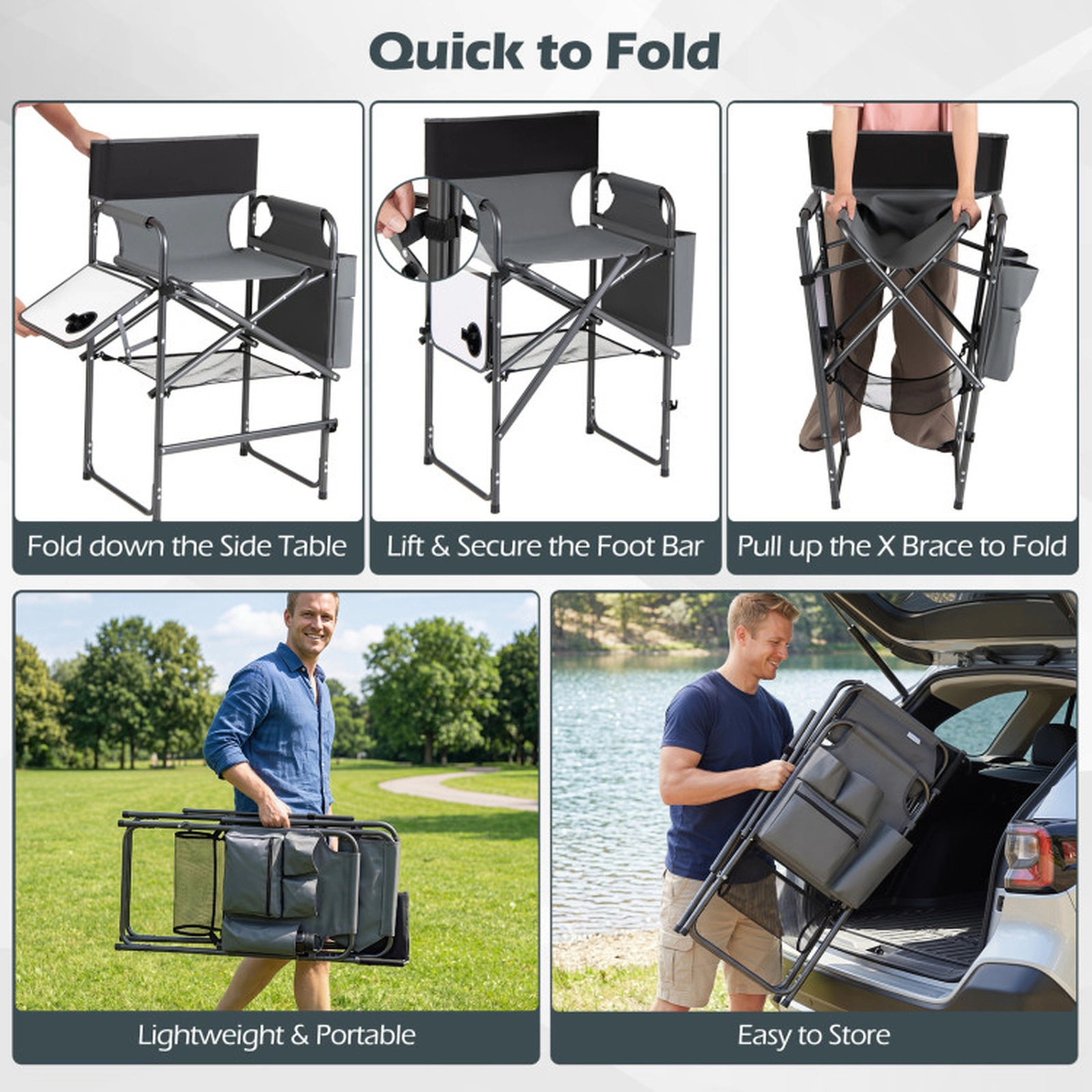 SUGIFT Folding Tall Director Camping Chair 26-in Seat Height 350-lb Capacity with Side Table Gray Black White