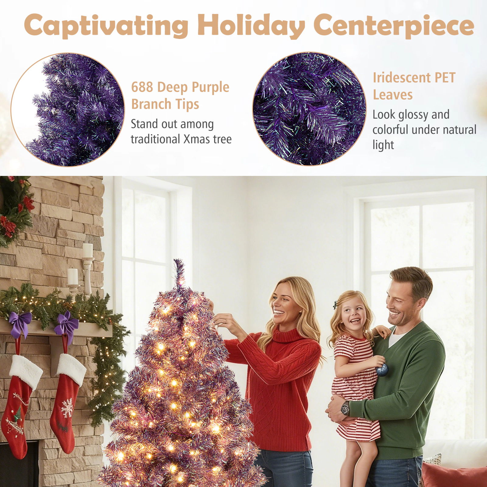 SUGIFT 6-ft Deep Purple Tinsel Pre-Lit Christmas Tree with 250 LED Lights 8 Modes 688 Tips and Folding Base