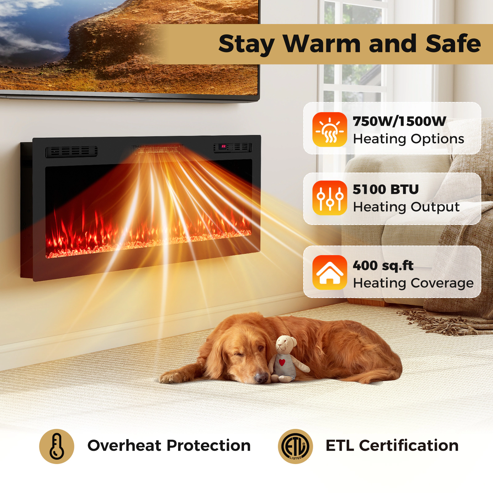 SUGIFT Smart WiFi Wall Mounted and Recessed Electric Fireplace 750W/1500W 50-in Black Heater