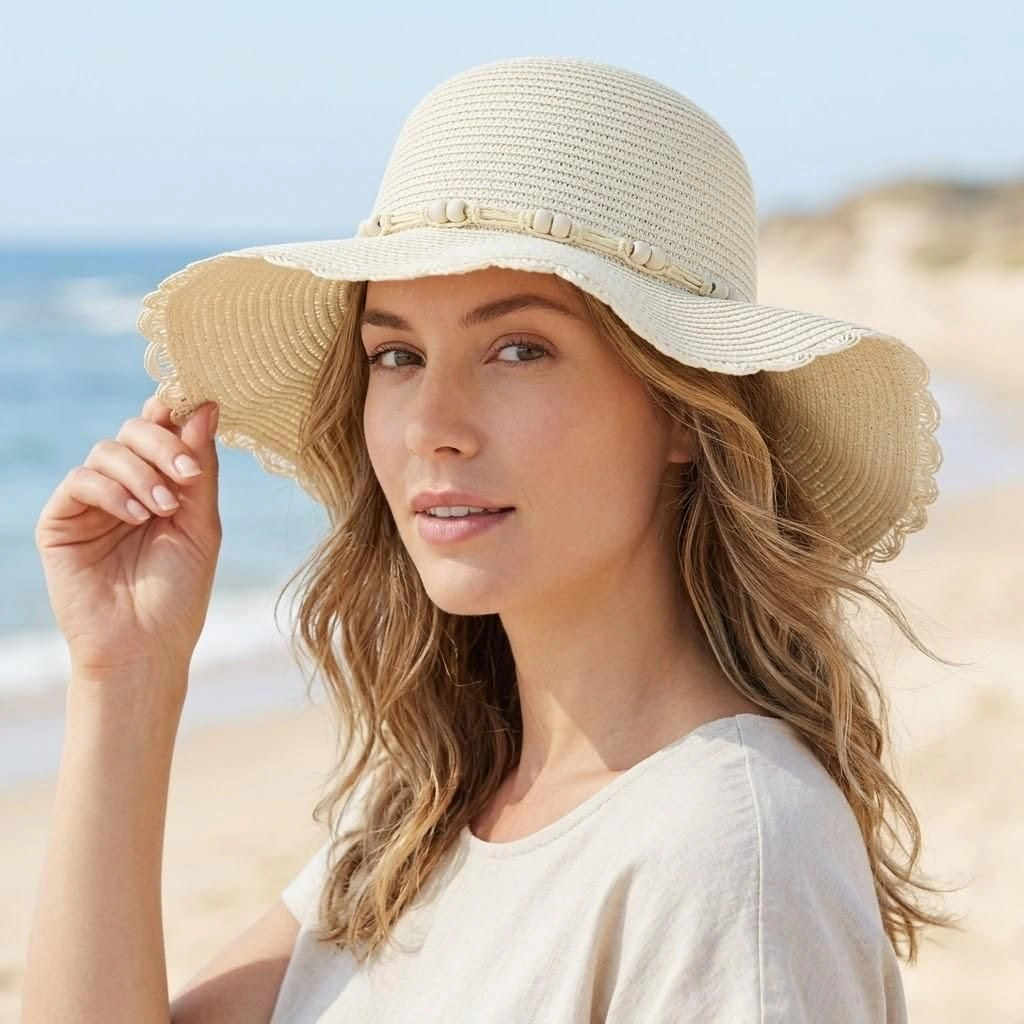Anna-Kaci Women's Women Straw Sun Hat Wide Brim Floppy Beach Woven Scalloped Edge Adjustable Summer