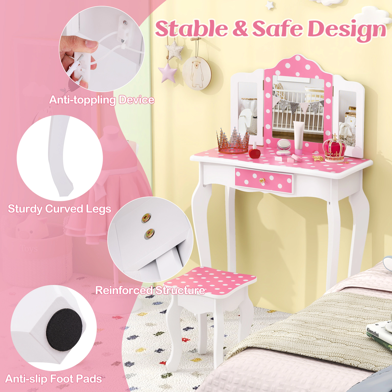 SUGIFT Toddler Princess Vanity Set with Stool, Polka Dots and Tri-Fold Mirror