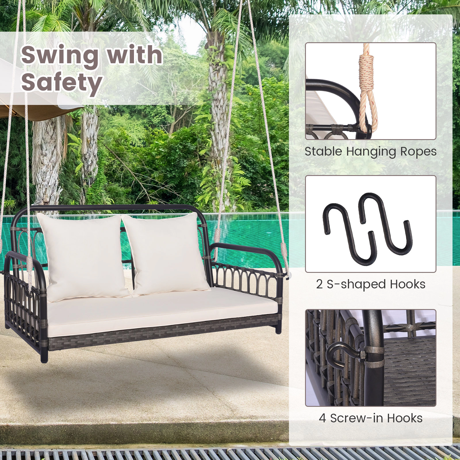 SUGIFT 2-Person Outdoor Hanging Swing Chair with Cushions 880-lb Capacity Mix Gray Frame Off White Cushions