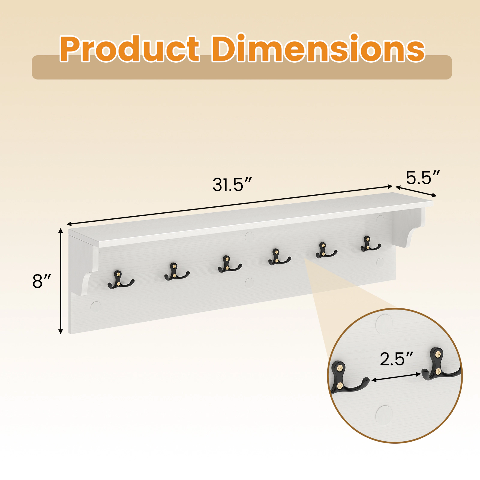 SUGIFT 31.5-in Wooden Wall Mounted Coat and Hat Rack with Display Shelf and 6 Hooks for Towels and Robes