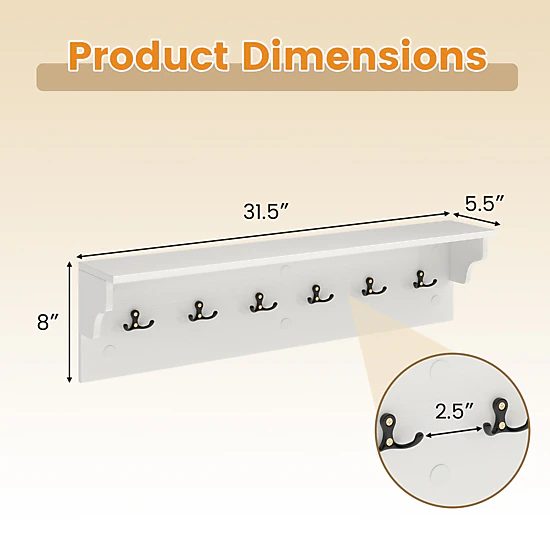 Glintex 31.5-Inch Wall Coat Rack with Top Shelf and 6 Burr-Free Hooks