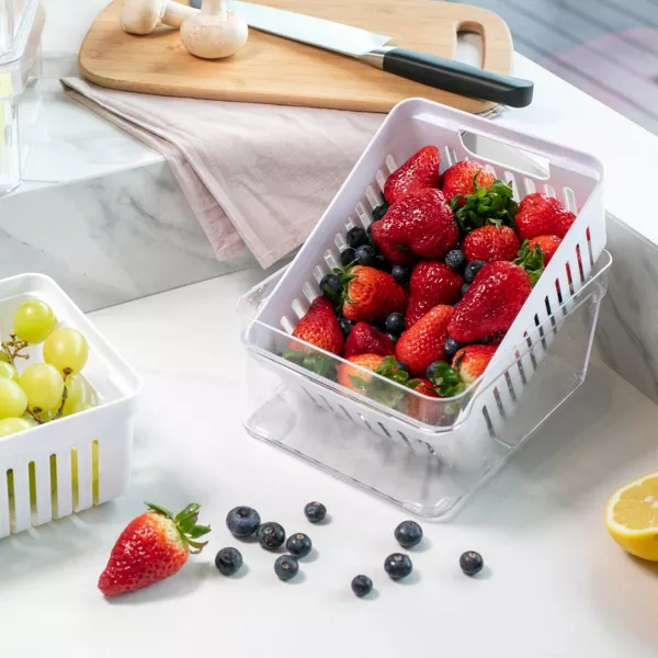 OU Fridge Organizer Bins w/ Drain Basket & Vented Lid, Clear Stackable Storage Container, BPA Free, 2 Pack (2.3qt Each)