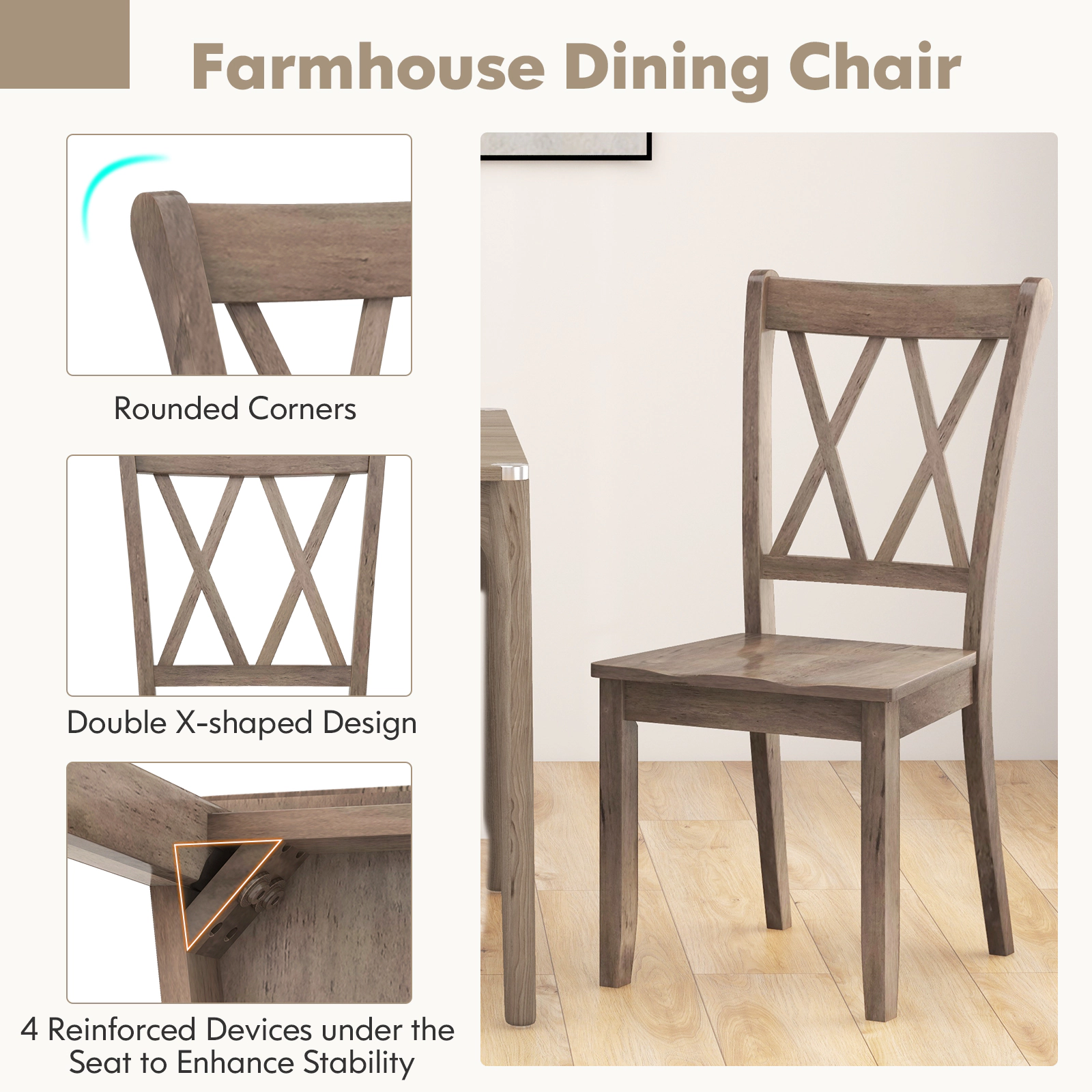 LJG Set of 2 Wooden Dining Chairs Mid Century Farmhouse Retro Kitchen