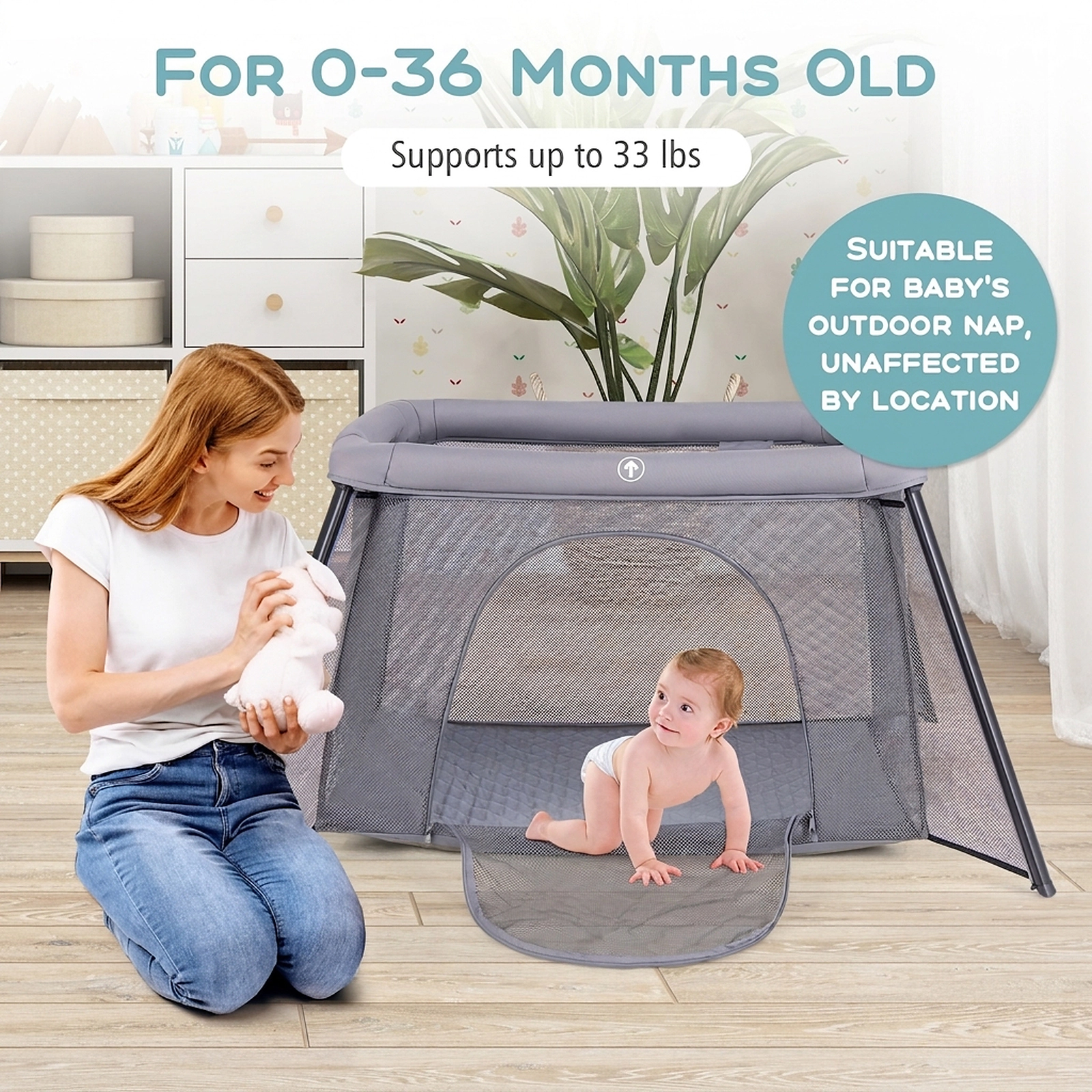 SUGIFT 2-in-1 Baby Playpen and Travel Crib 33-lb Capacity Ages 0-36 Months with Zippered Entrance and Padded Mattress
