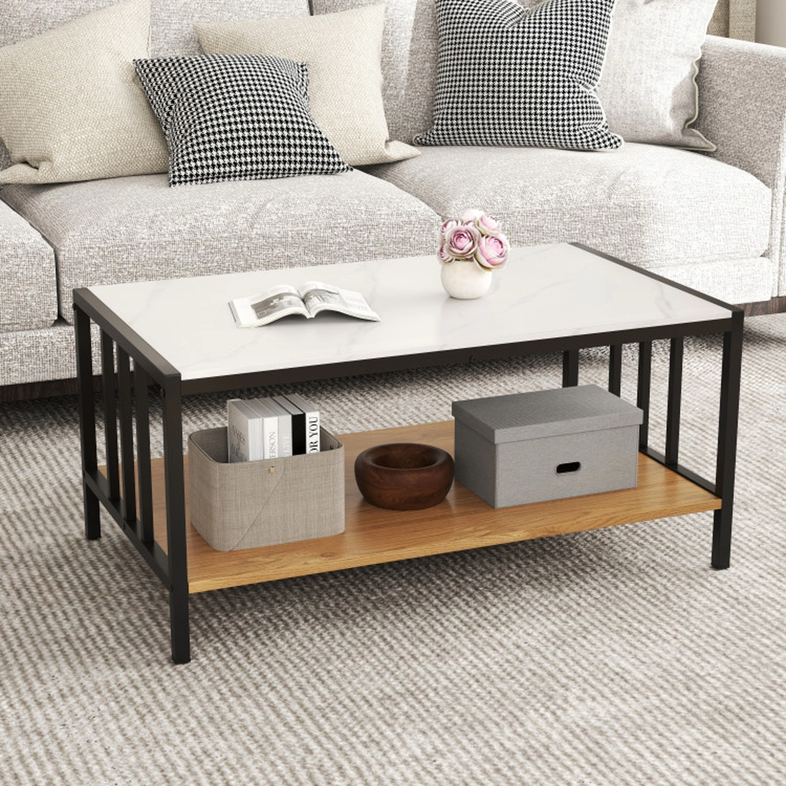 SUGIFT 33.5-in 2-Tier White Sintered Stone Coffee Table with Anti-Falling Shelf Fencing and Adjustable Pads