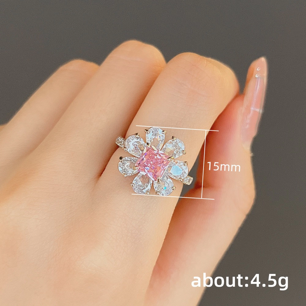 Romantic Flower Zircon Ring Fashion Pink Cherry Blossom Ring