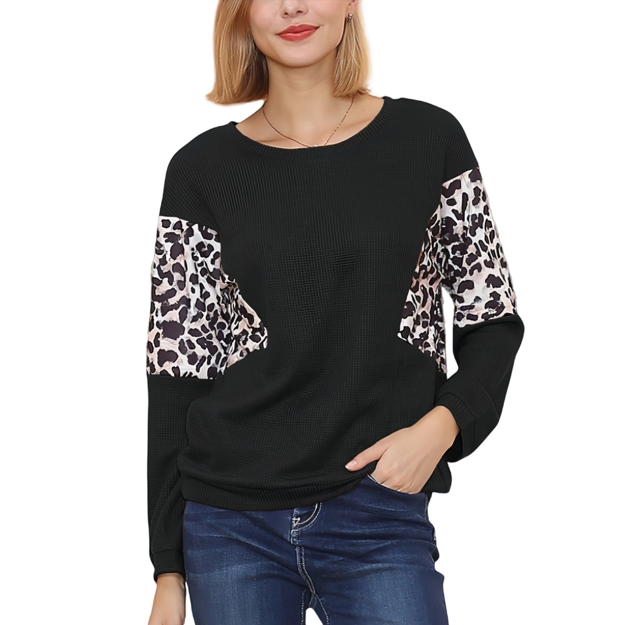Anna-Kaci Women's Long Sleeve Sweatshirt with Leopard Print Panels