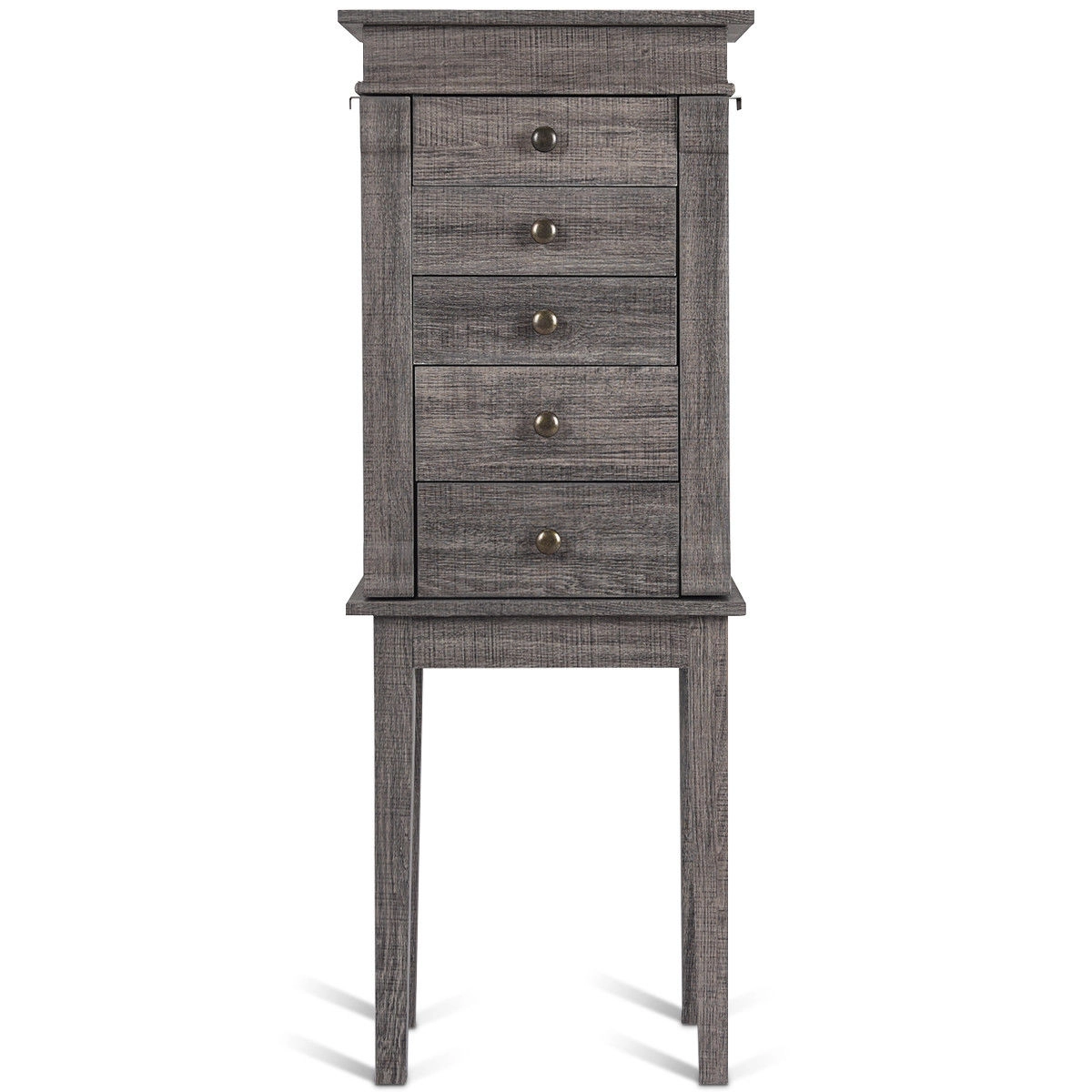 SUGIFT 38.5-in Gray Standing Jewelry Armoire Cabinet with 5 Drawers 8 Necklace Hooks and Flip-Top Mirror