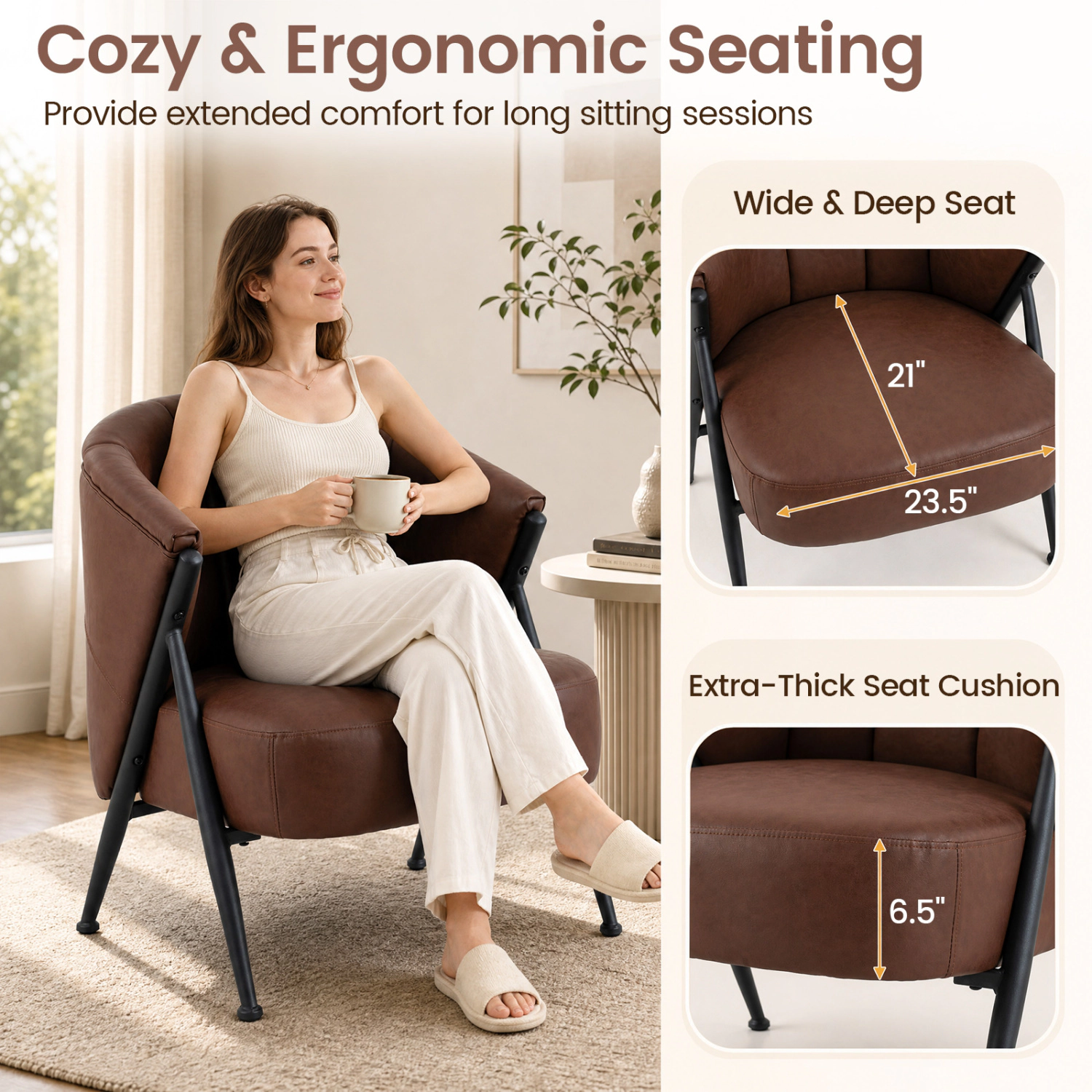 LJG Mid Century Modern Accent Chair with Curved Backrest and Wide Seat Comfy Armchair