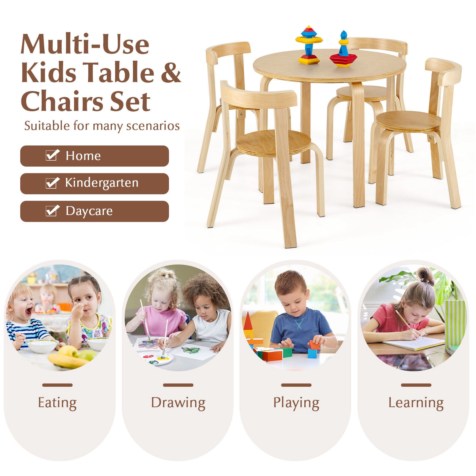 SUGIFT 5-Piece 55-lb Capacity Kids Wooden Round Activity Table and 4 Curved Back Chairs with Toy Bricks