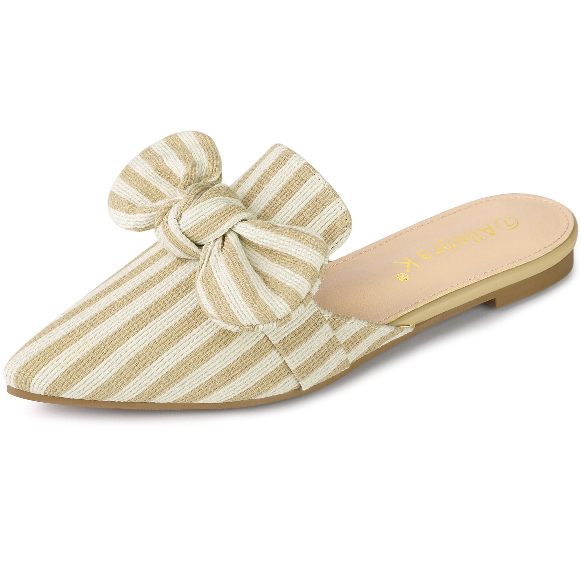 BLISSFUL STEP Women Stripe Bow Pointed Toe Slip-on Flat Slides Mules Sandals