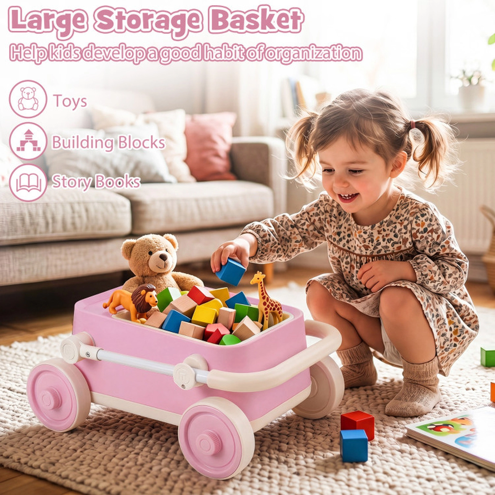 SUGIFT Baby Push Walker Wagon with Foldable Handlebar and Storage Basket 24.5-in Frame Ages 3-6 Years Pink