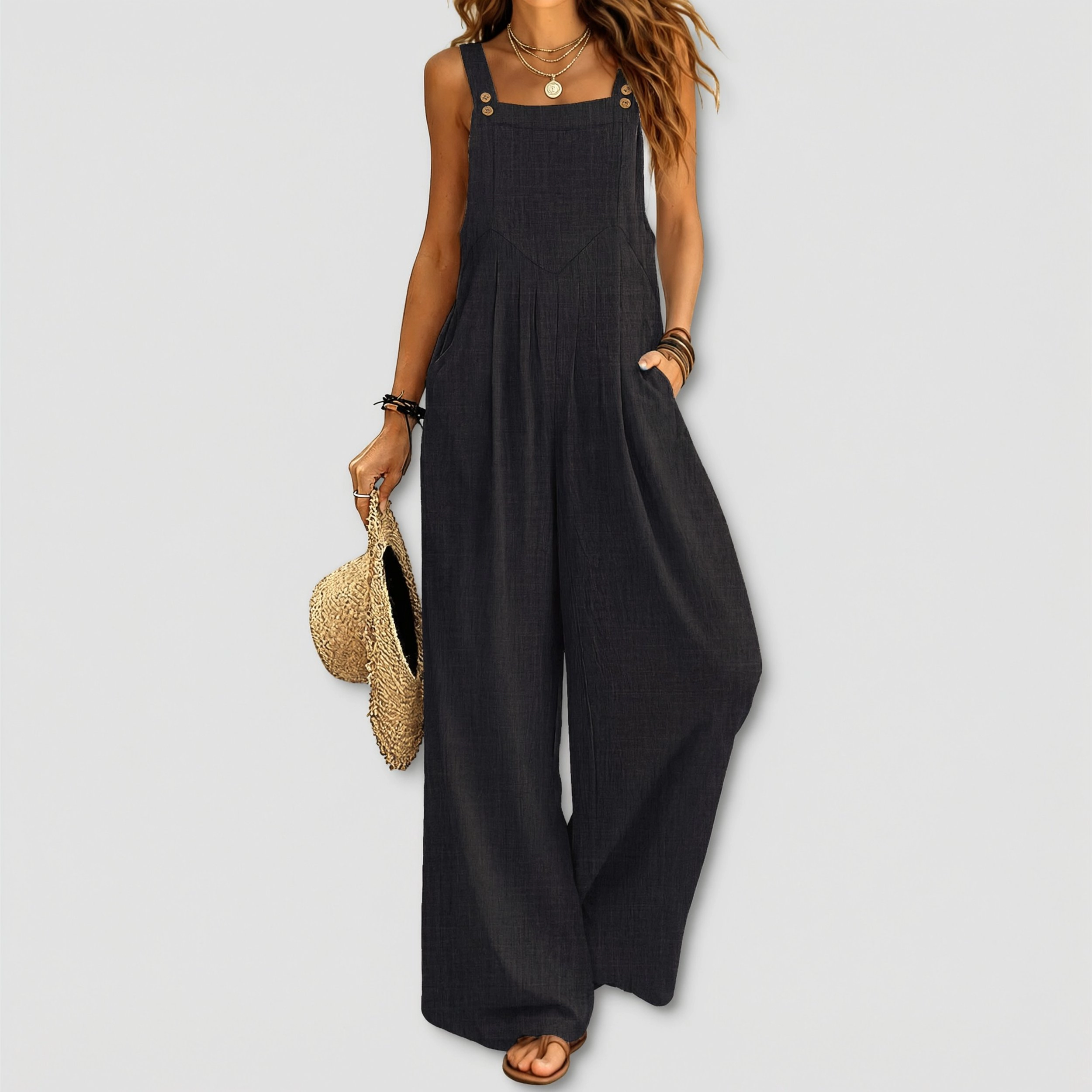 Ekouaer Women's Sleeveless Square Neck Wide Leg Overalls Jumpsuit