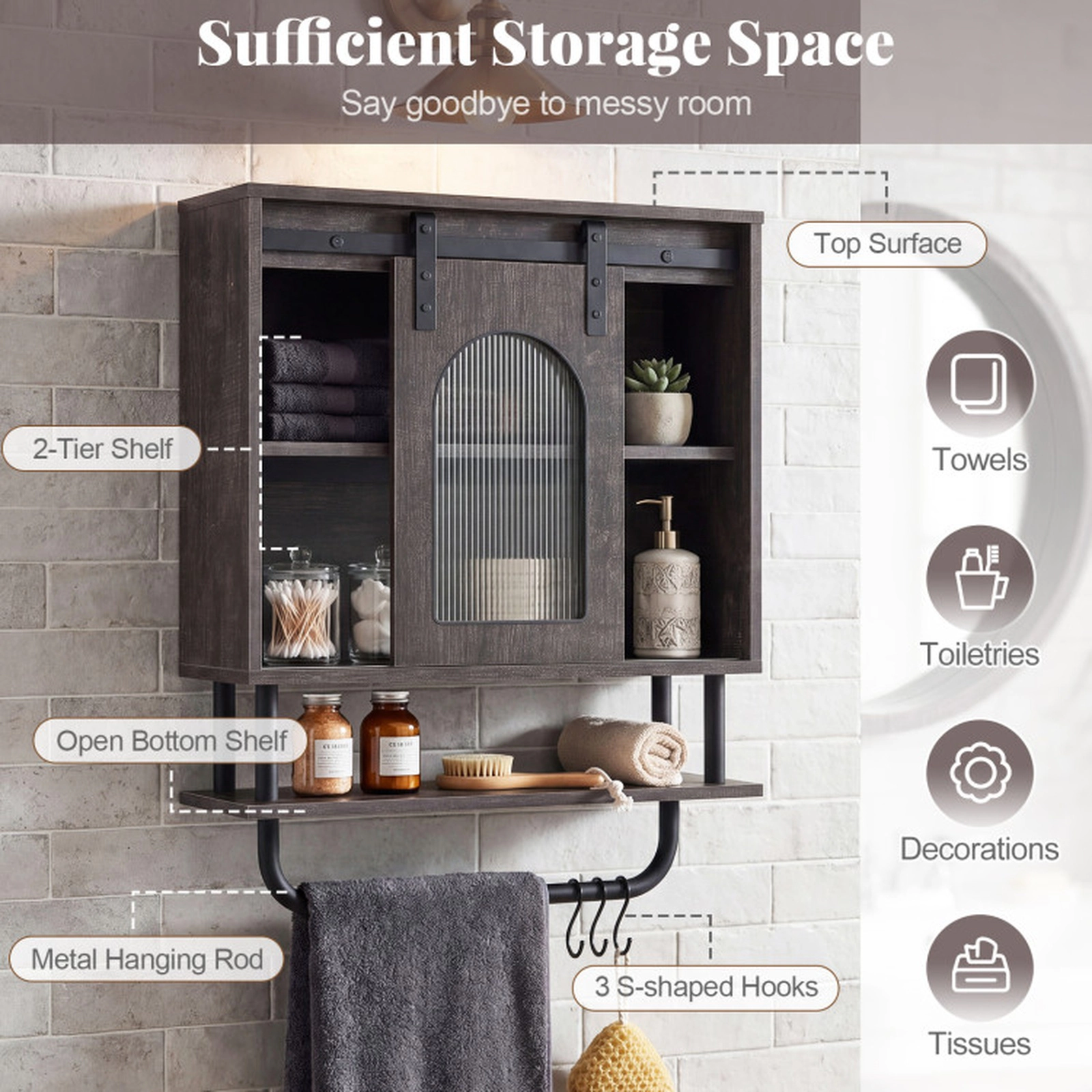 SUGIFT Barn Door Metal Bar 3 Hooks 3-Tier Wall Mount Bathroom Cabinet 20-in x 8-in x 27.5-in 66-lb Capacity Black