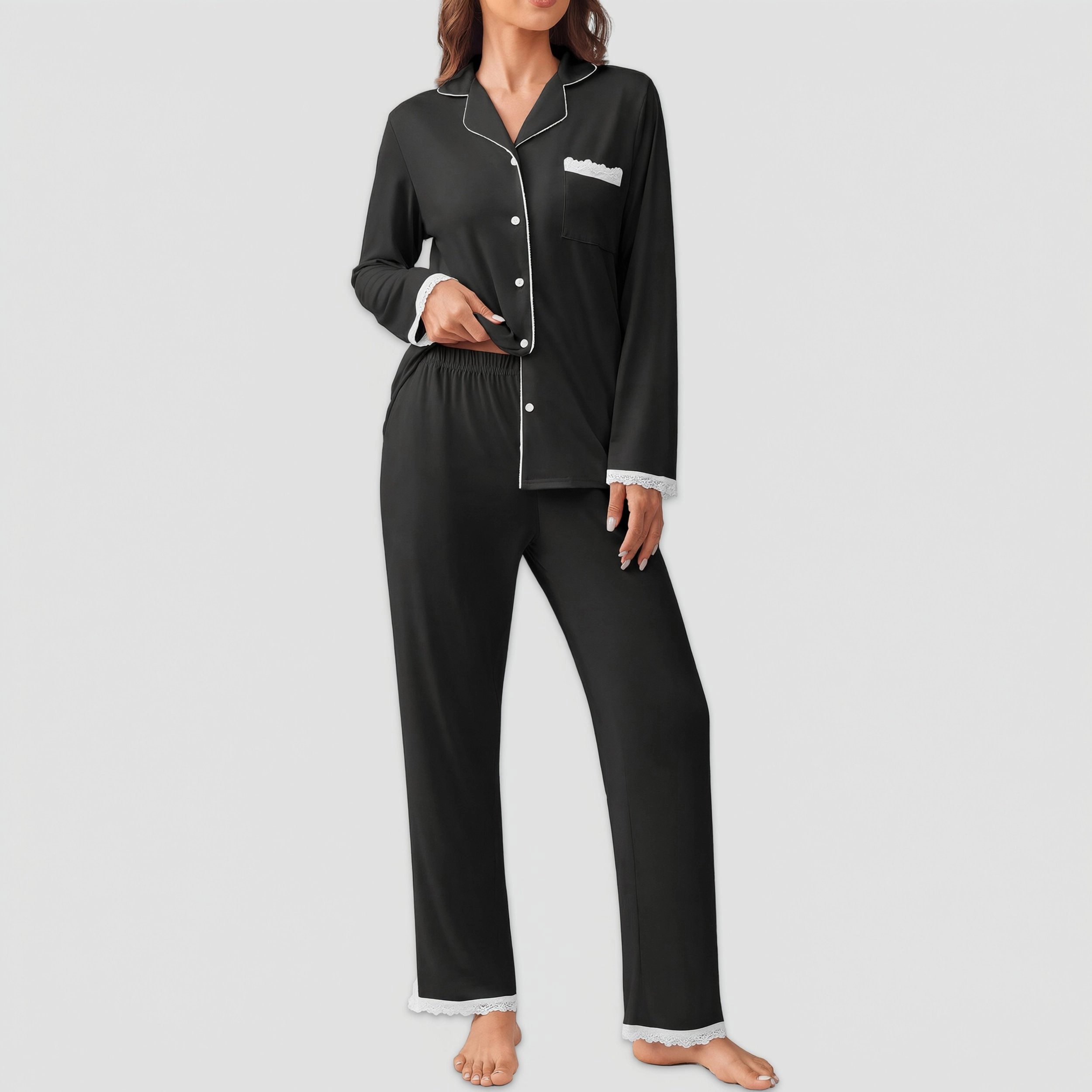 Ekouaer Womens Pajamas Set Long Sleeve Button Down Lounge Pieces Nightwear Lace