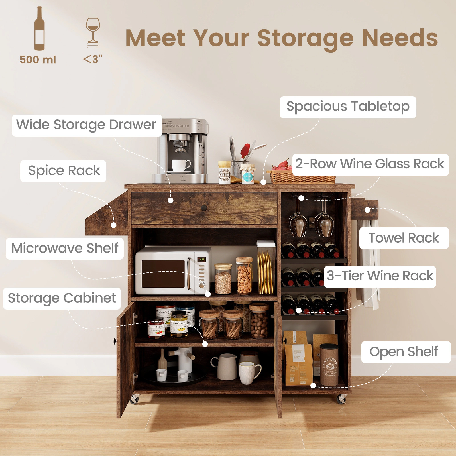 Hivvago Portable Kitchen Island Cart with Drop Leaf Power Outlet and Adjustable Shelf