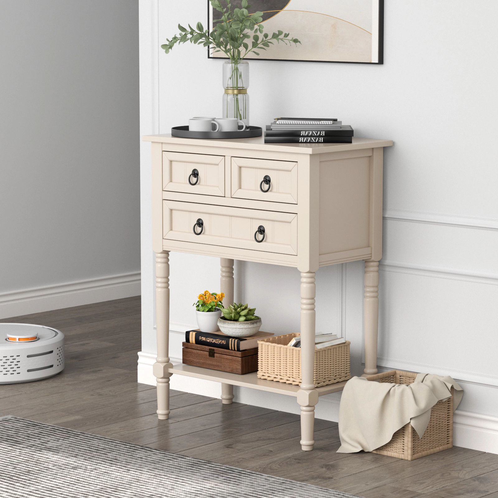 SUGIFT Narrow 3 Drawers Open Shelf Acacia Wood Legs Entryway Console Table 24-in x 13-in x 31-in 154-lb Capacity Beige