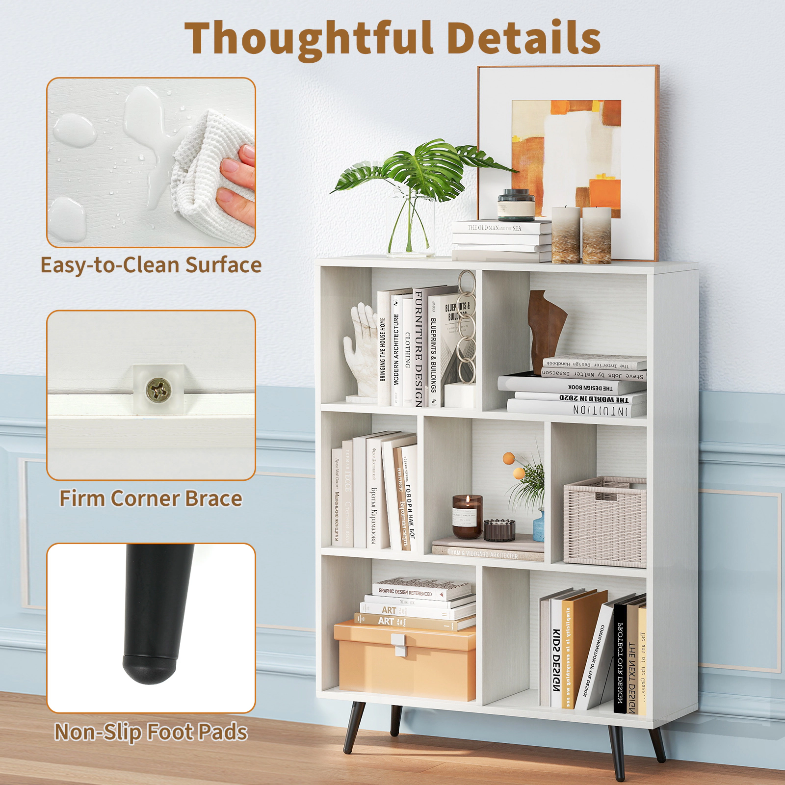 SUGIFT 7-Cube White 42-in Tall Cube Storage Organizer Bookshelf with Tapered Metal Legs and 100-lb Top