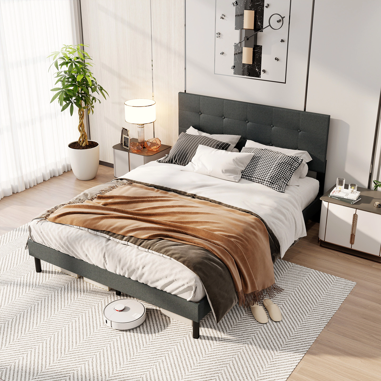SUGIFT Queen Size Upholstered Linen Platform Bed Frame with Headboard 800-lb Capacity 84-in Frame Dark Gray