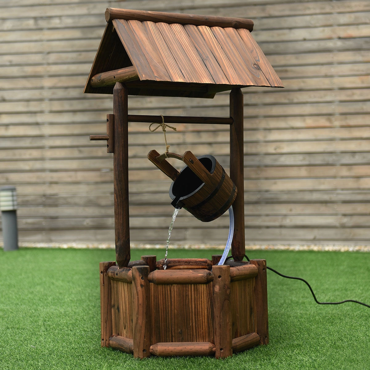 SUGIFT Brown 44.5-in Rustic Wishing Well Fir Wood Garden Fountain with 120V Electric Pump for Yard