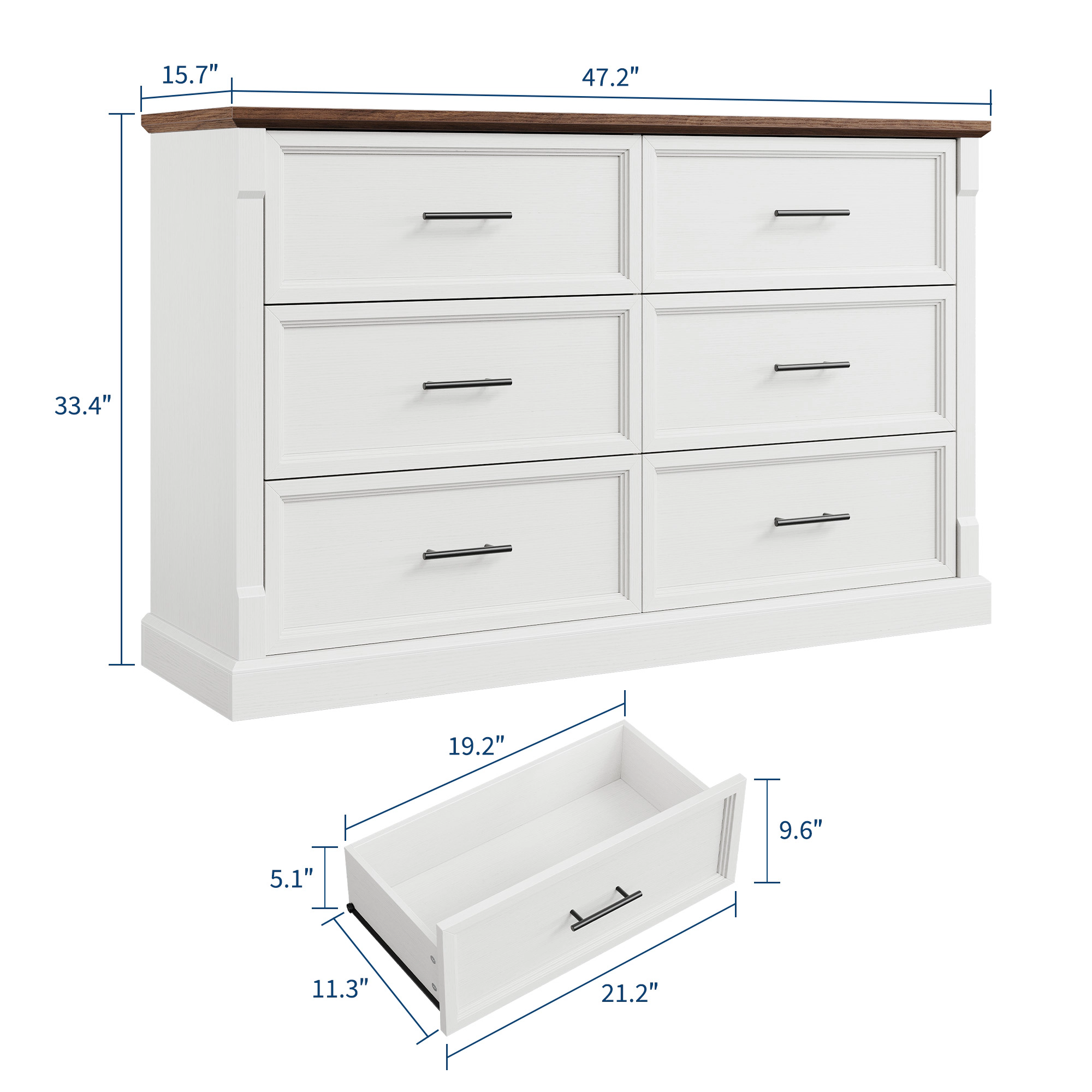 Farmhouse 6 Drawer Dresser for Bedroom, Rustic Wood Chest with Metal Handles, Large Organizer