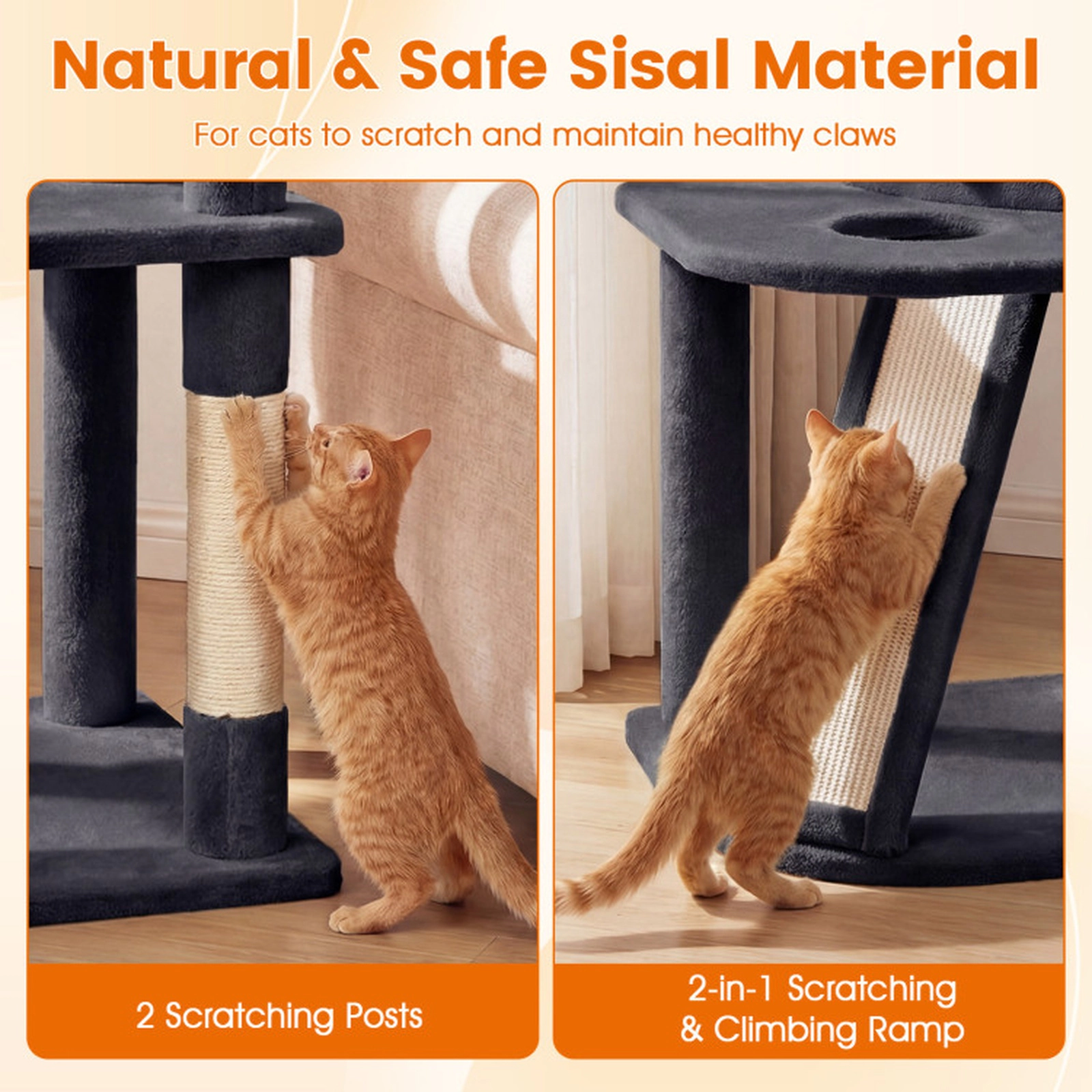 SUGIFT 44-in Tall Dark Gray Cat Tree Tower with Condo 2 Plush Perches Sisal Posts Ramp and Hanging Balls