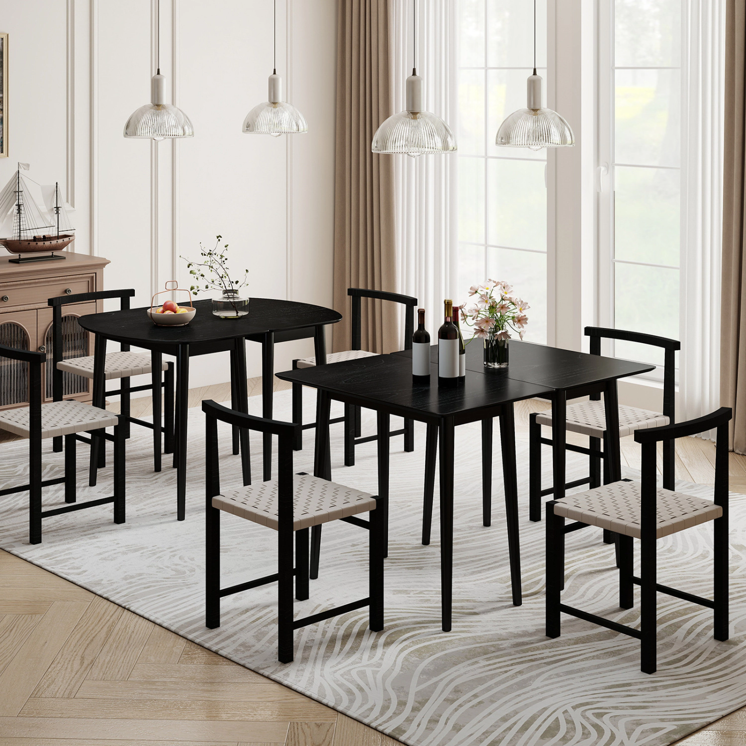 LJG Extendable Dining Table Set with 2 Half-Round and 1 Rectangular Tables