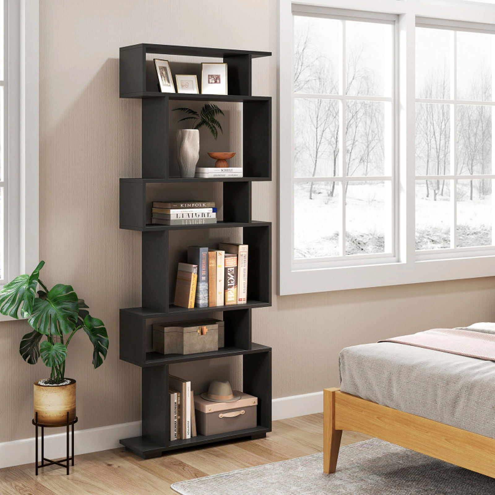 SUGIFT 6-Tier Black 64-in Tall Geometric Bookshelf 8-in Deep with 2 Anti-Tipping Kits and Elevated Base