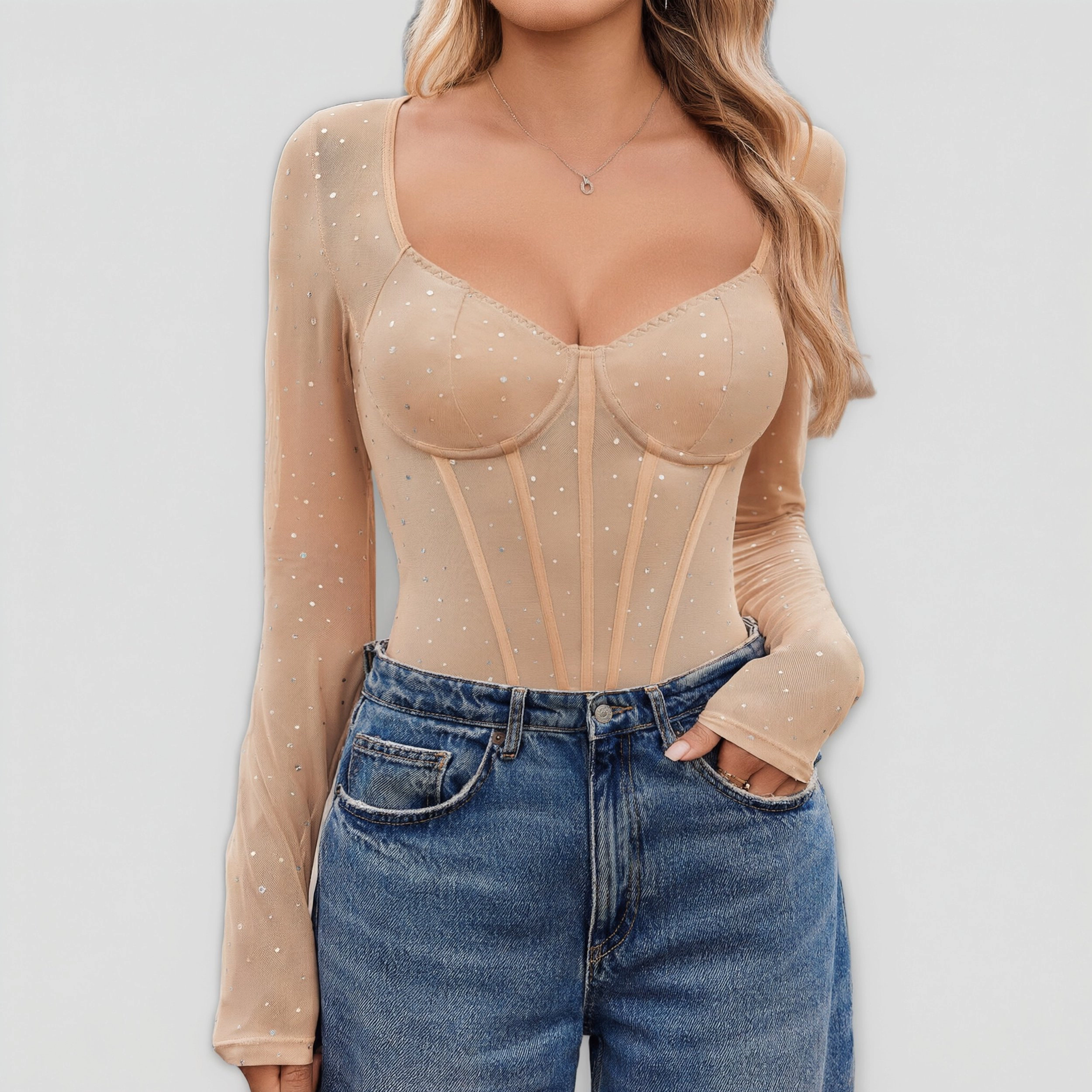 Avidlove Women's Long Sleeve Sparkle Mesh Bodysuit Leotard