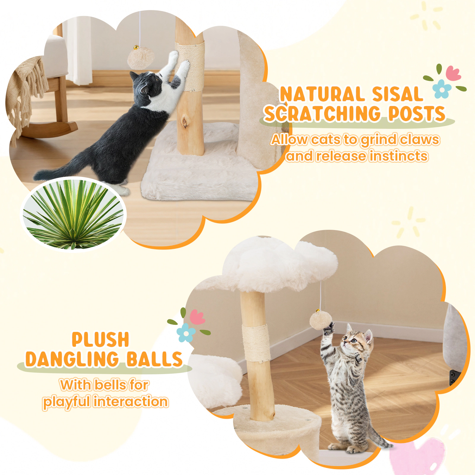SUGIFT Beige Solid Wood Cat Tree with Natural Branch Posts and Flower Platforms