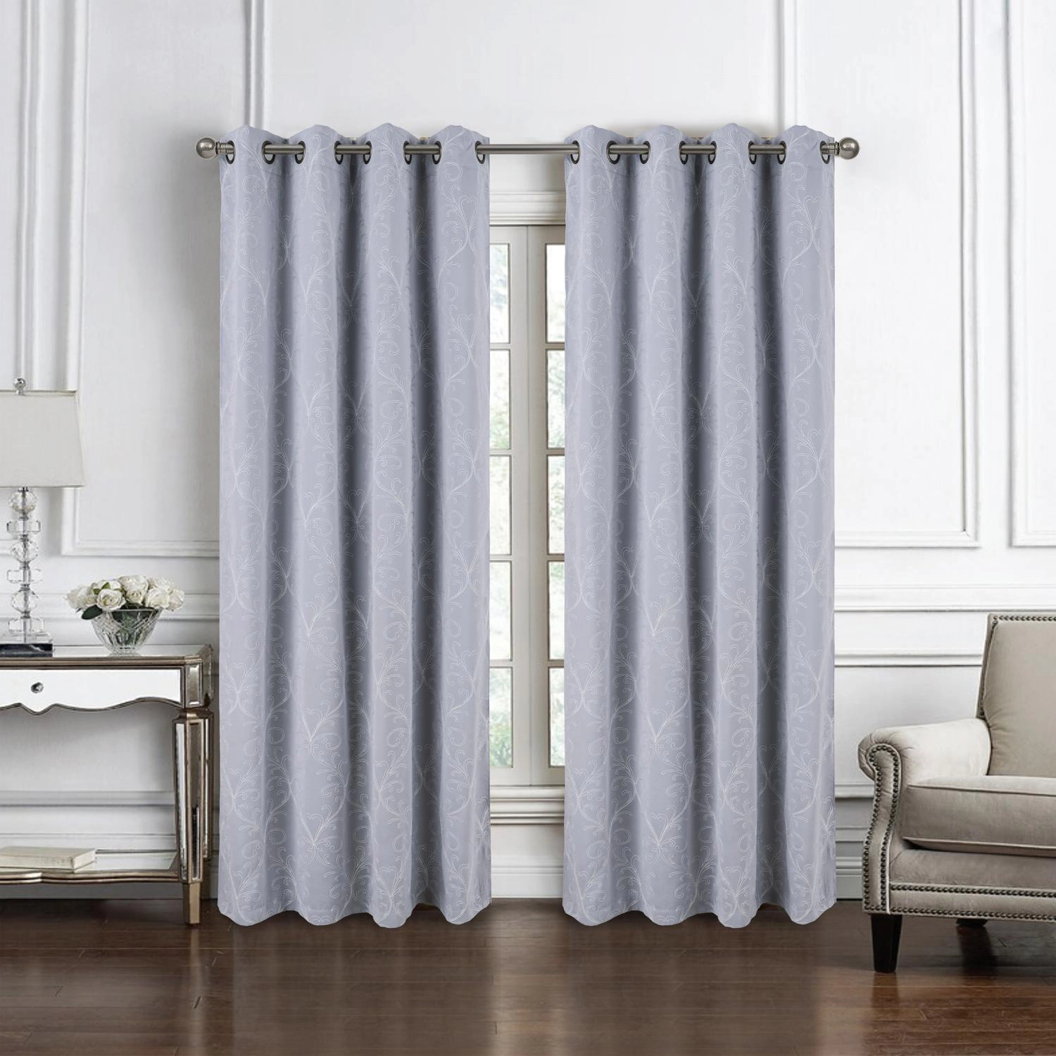 RT Designer Collection Kimber Embroidered Blackout Luxurious Decorative Grommet Curtain Panel 54" x 90" Silver