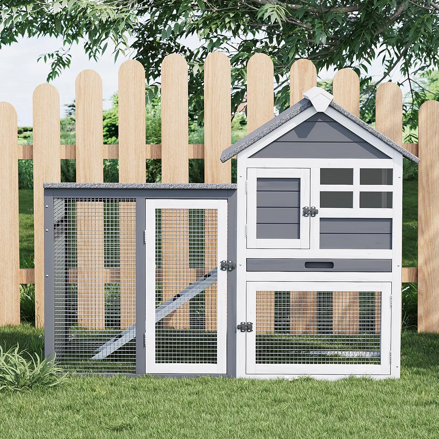 2-Tier Wooden Rabbit Chicken Cage, Indoor-Outdoor Pet Hutch with Ramp & Waterproof Panels