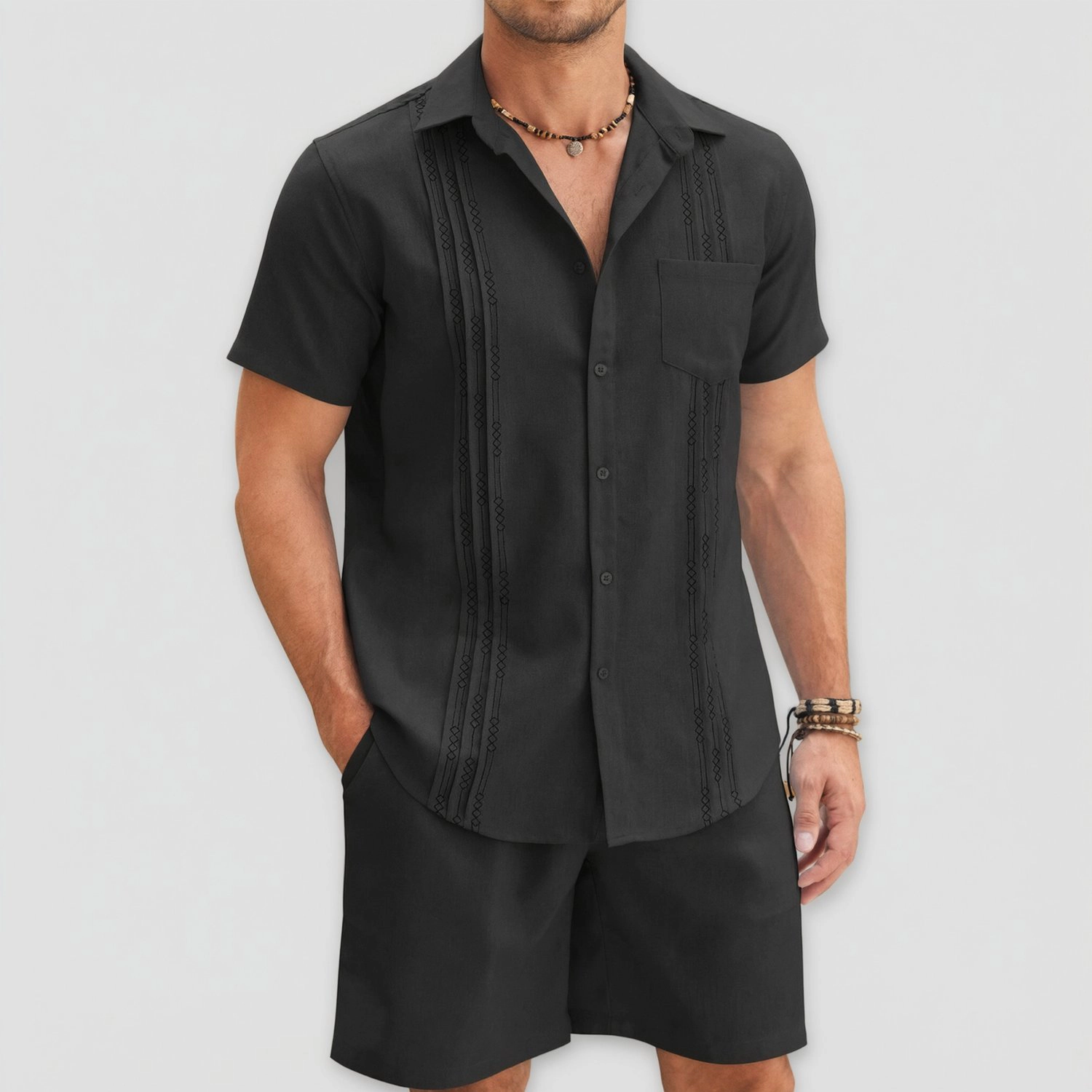 COOFANDY Mens  Short Sleeve Button Down Shirts Casual Stripe Print Shorts Set