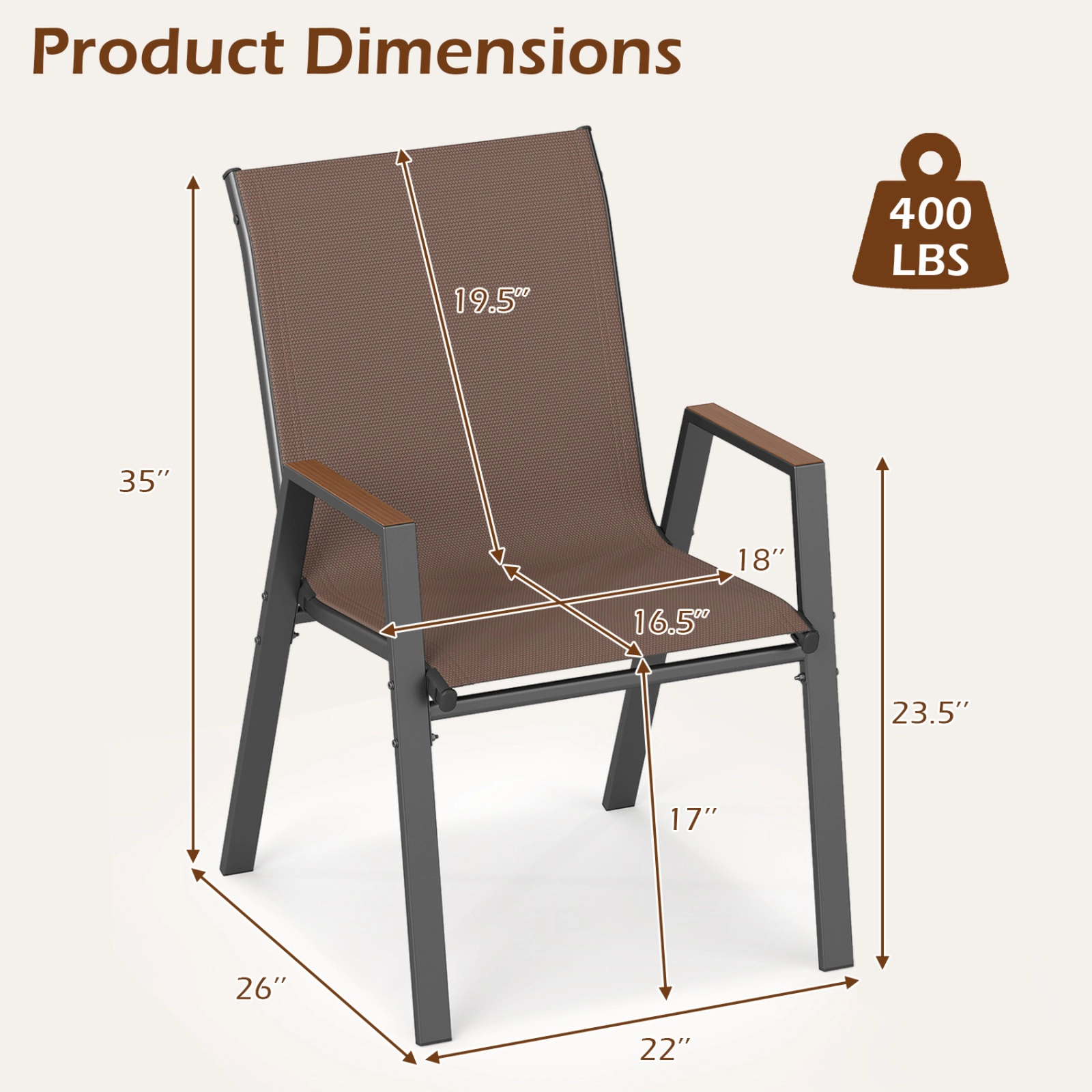 SUGIFT Set of 4 Stackable Patio Sling Chairs with High Backs 400-lb Capacity 22 x 26 x 35 in Brown/Black